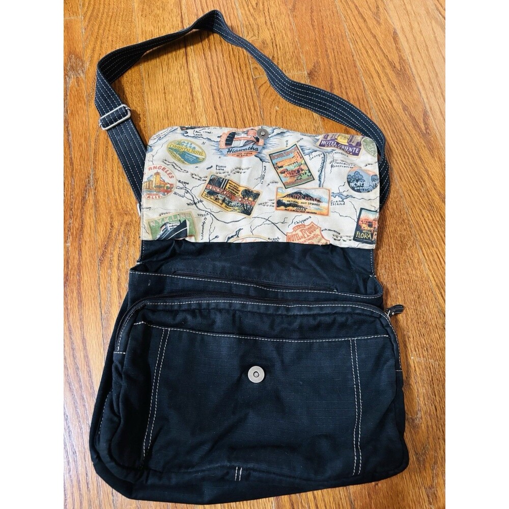 Fossil World Traveler Black Travel Crossbody Messenger Bag Map Lining Y2K